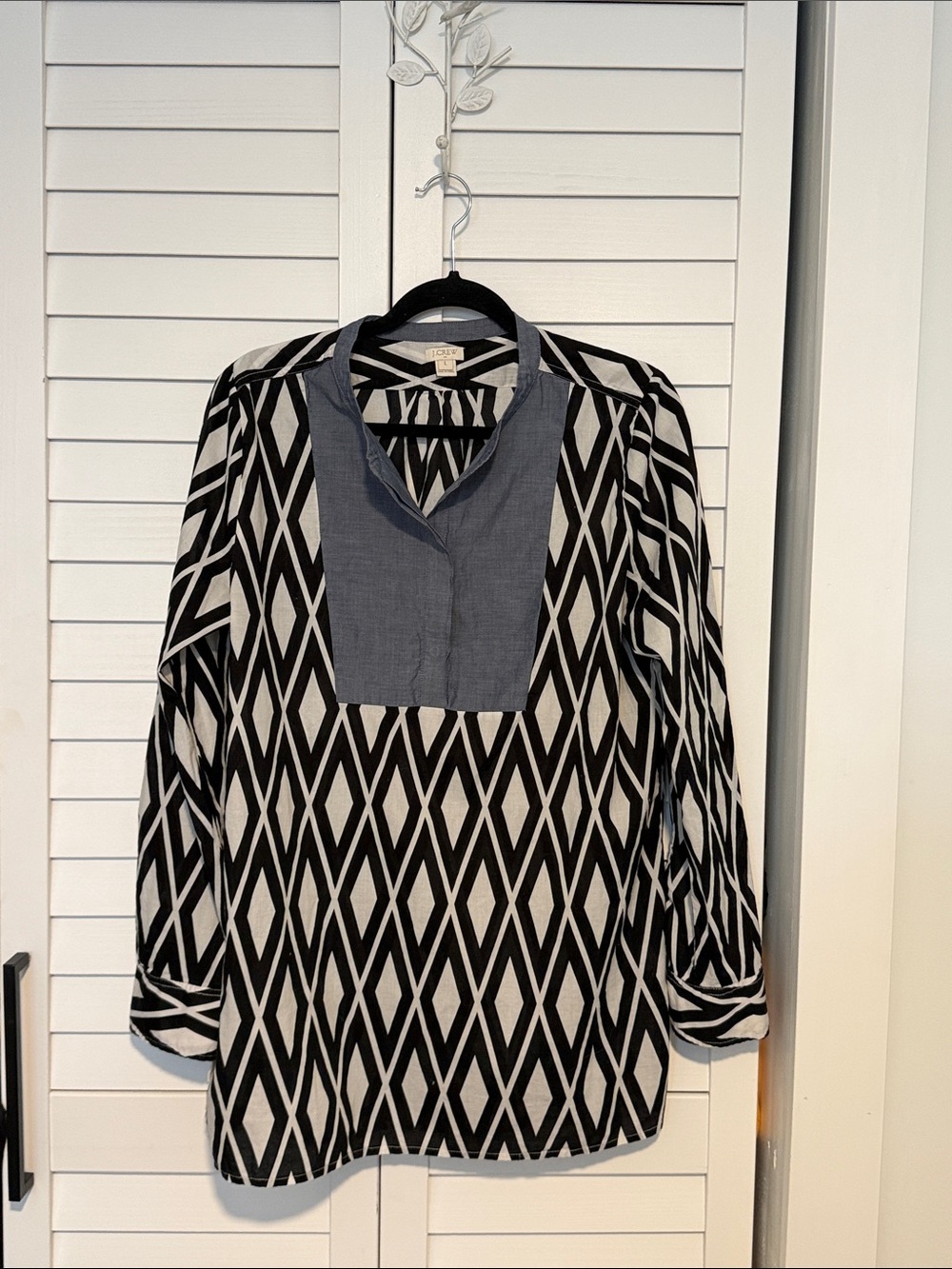 J. Crew Factory Black and White Geometric Tunic with Blue Placket